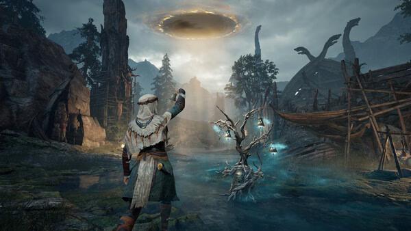 Mistfall Hunter screenshot: A cloaked figure stands near a glowing tree, gazing at a swirling portal in a foggy, ruined landscape.