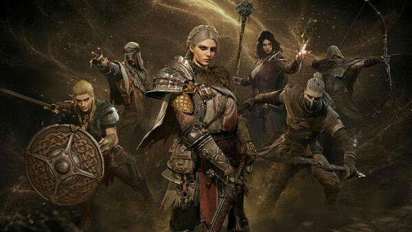 Screenshot from Mistfall Hunter showing five armored characters with weapons, standing in a golden, mystical environment.