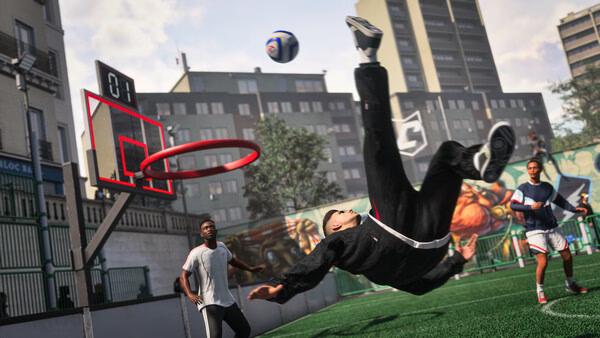 A screenshot from EA SPORTS FC 27 showing players on a street soccer pitch, with one performing an acrobatic bicycle kick.