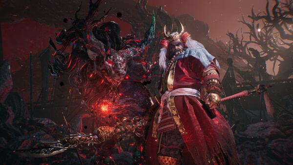 Nioh 3 with Pre-purchase Bonus screenshot: A warrior in ornate armor faces a dark, demonic creature in a fiery, otherworldly landscape.