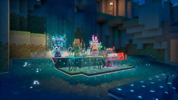 Screenshot from Minecraft Dungeons II showing heroes battling enemies on a glowing platform surrounded by water and cliffs.