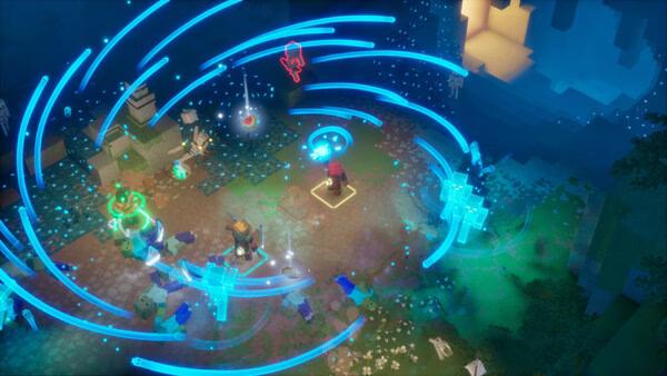 Screenshot from Minecraft Dungeons II showing a hero casting a glowing blue spell surrounded by enemies and magical effects.