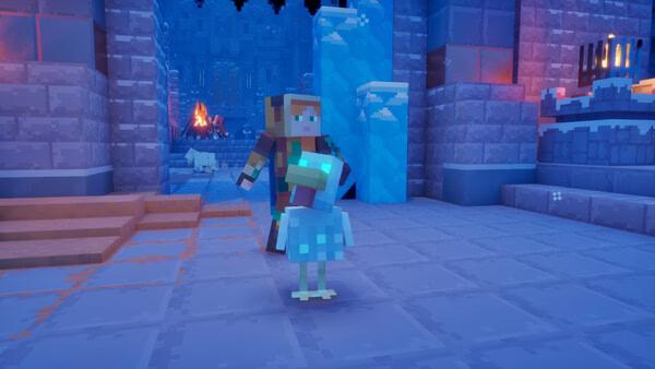 Screenshot from Minecraft Dungeons II showing a player character and a glowing blue pet inside an icy castle.