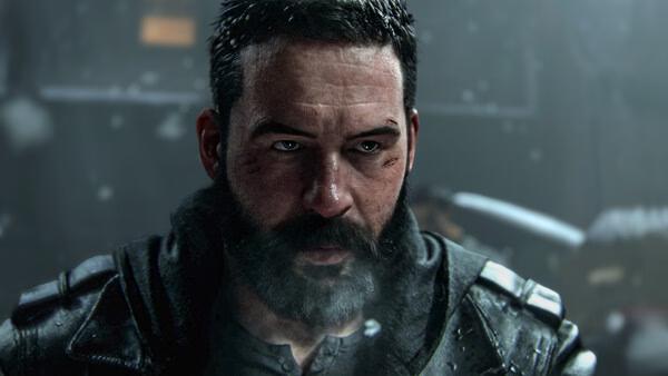A screenshot from Call of Duty®: Modern Warfare® 4 showing a detailed close-up of a bearded man with a serious expression.