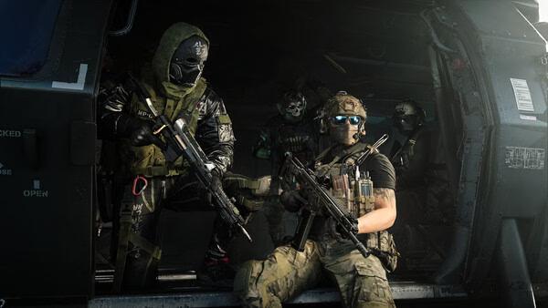 Call of Duty®: Modern Warfare® 4 screenshot showing armed soldiers in tactical gear inside a helicopter, preparing for action.