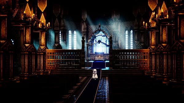 Screenshot from Octopath Traveler 0 showing a cloaked figure in a grand, dimly lit cathedral with ornate pillars and stained glass.