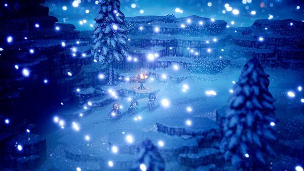 Screenshot from Octopath Traveler 0 showing characters by a campfire in a snowy, illuminated landscape with trees.
