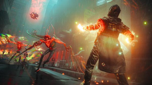 A screenshot from CONTROL Resonant showing a character with glowing hands facing off against twisted creatures in a rainy city.