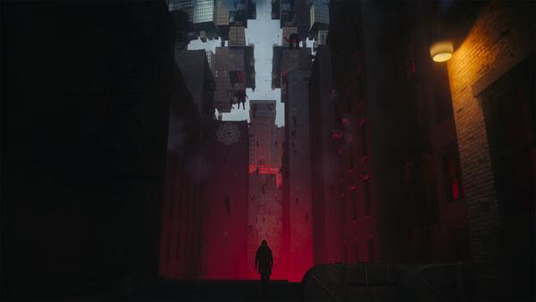 A CONTROL Resonant screenshot showing a lone figure in a dark alley with floating buildings and red glowing light.