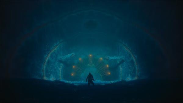 A screenshot from CONTROL Resonant shows a lone figure standing in a mysterious, glowing cavern with an otherworldly atmosphere.