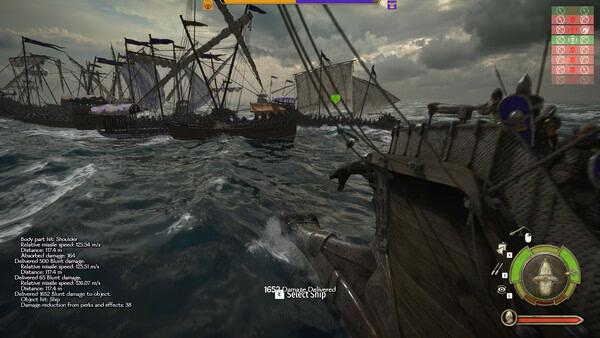 Screenshot from Mount & Blade II: Bannerlord Warband showing a naval battle scene with several ships on a stormy sea.