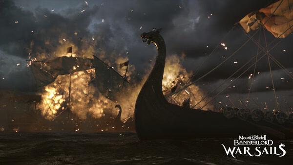 A screenshot from Mount & Blade II: Bannerlord Warband shows a Viking ship amidst a fiery naval battle under stormy skies.