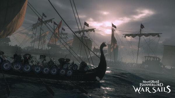 Screenshot from Mount & Blade II: Bannerlord Warband showing Viking longships sailing under a cloudy sky, with flags fluttering.