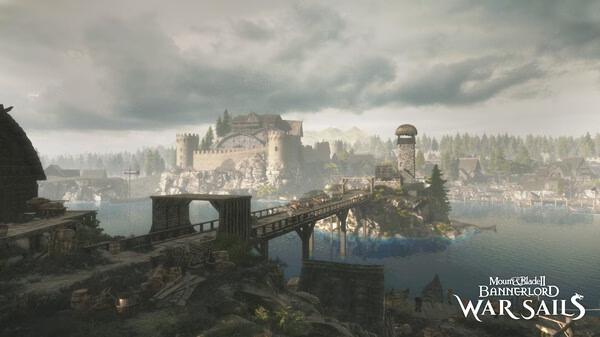 A screenshot from Mount & Blade II: Bannerlord Warband showing a medieval coastal town with a castle and wooden bridge.