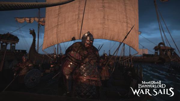A Mount & Blade II: Bannerlord Warband screenshot showing an armored warrior standing on a ship's deck, with sails and crew in the background.