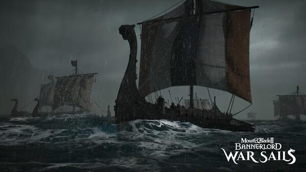 Screenshot from Mount & Blade II: Bannerlord Warband shows a Viking ship sailing through stormy seas under a dark, cloudy sky.