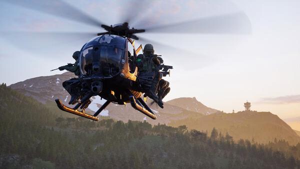WARDOGS screenshot: A helicopter with armed soldiers flies over a mountainous landscape during sunset.