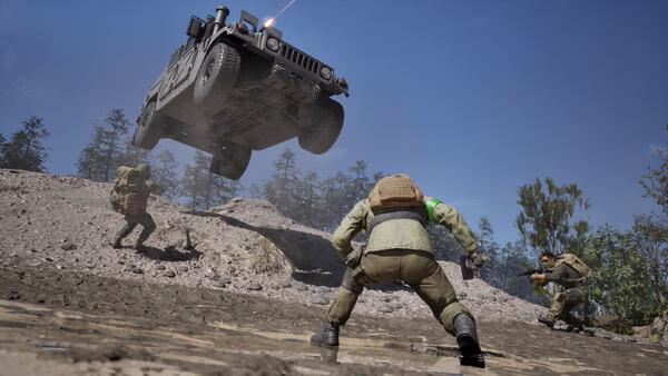 WARDOGS screenshot: Soldiers engage in combat on muddy terrain as a military vehicle leaps over them in intense action.