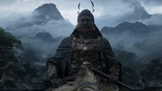 Screenshot from Black Myth: Zhong Kui showing a warrior with horned headgear on horseback against a misty mountain backdrop.