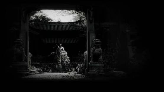 A screenshot from Black Myth: Zhong Kui showing a character riding a lion in a dark, eerie temple courtyard.