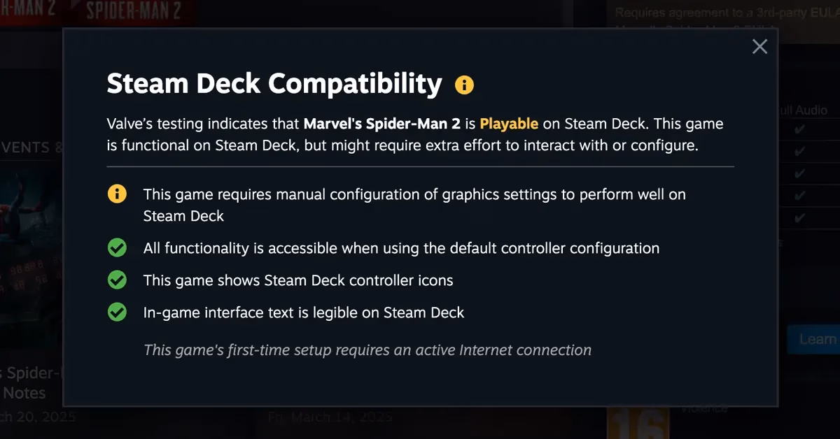 Steam Deck Playable notice for Spider-Man 2