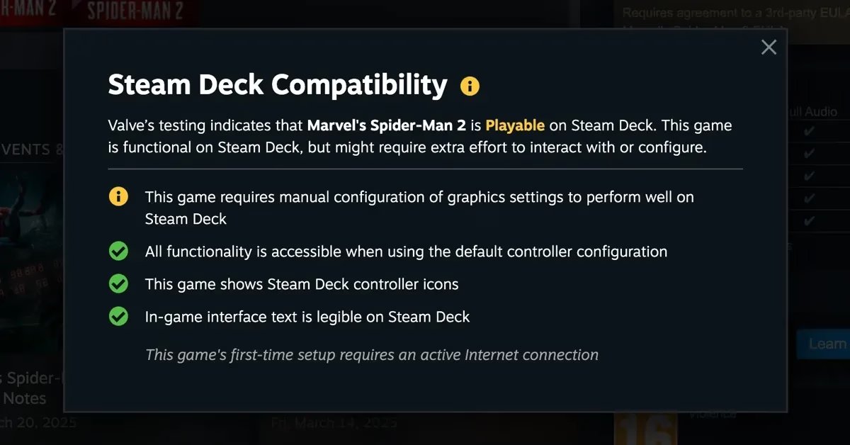 Steam Deck Playable notice for Spider-Man 2
