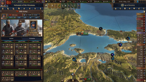 Screenshot of Europa Universalis V showing Ottoman army details and a strategic map view of Anatolia and the surrounding region.