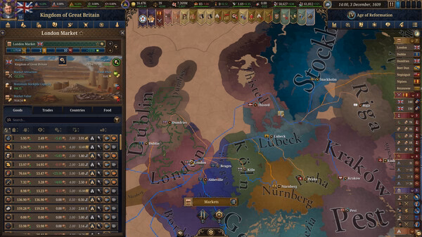 Screenshot from Europa Universalis V showing the London Market interface and map with various European territories and trade routes.
