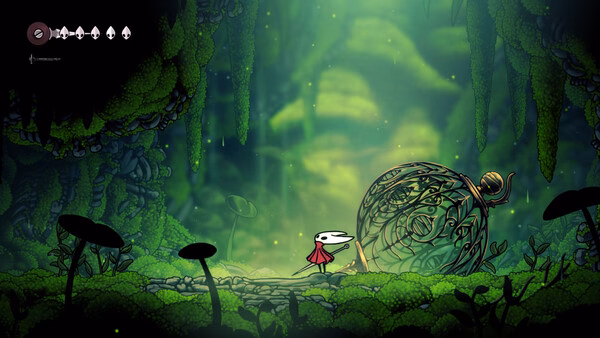 Hollow Knight: Silksong screenshot showing the main character exploring a lush, green cavern with intricate plant-covered structures.