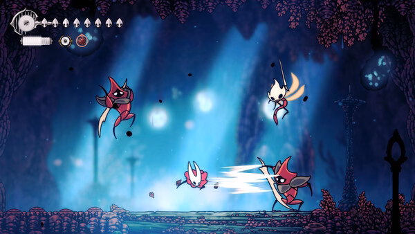 Screenshot from Hollow Knight: Silksong showing Hornet battling three enemies in a mystical, glowing forest environment.