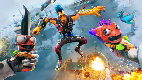 Screenshot of High On Life 2 showing a colorful alien character mid-air, surrounded by explosions and quirky creatures.