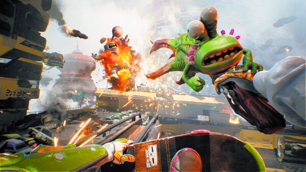 A vibrant scene from High On Life 2 screenshot showing an alien battle with futuristic weapons and explosions in the background.