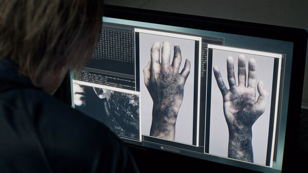 Resident Evil Requiem screenshot: A character examines a computer displaying images of infected hands with text data on the screen.