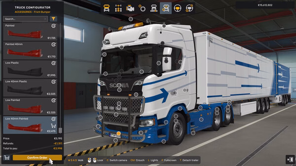 Euro Truck Simulator 2 screenshot showing a truck in a garage being customized with various accessories.