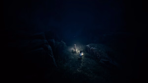 Screenshot from REANIMAL showing two characters walking through a dark forest, illuminated by a glowing lantern.