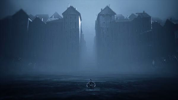 Screenshot from REANIMAL: A lone boat drifts in eerie waters towards towering, fog-shrouded buildings.