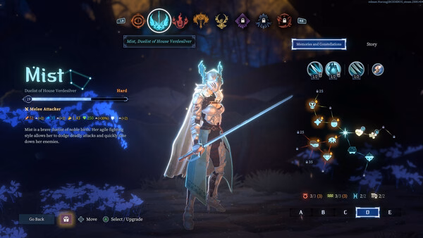 Screenshot from Shape of Dreams showing Mist, a warrior character, with a sword and skill tree on the right side of the screen.