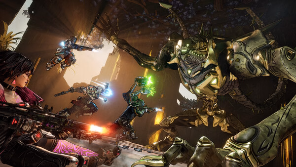 Screenshot from Borderlands 4 showing players battling a giant robotic creature in a vibrant, forested environment.
