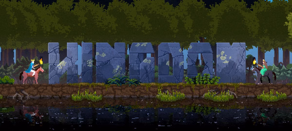 Screenshot of Kingdom: Classic showing two monarchs on horseback near a stone wall with the game's title, surrounded by a forest.