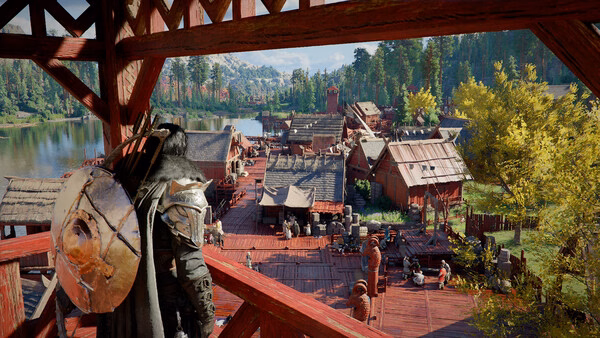 Crimson Desert screenshot: A warrior with a shield overlooks a vibrant village with wooden structures and a river in the background.