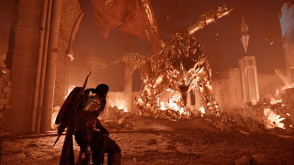 Crimson Desert screenshot: A warrior crouches, shield raised, facing a massive, fiery armored creature in a ruined, glowing red landscape.