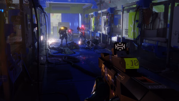 A screenshot from Marathon showing a player aiming a weapon at enemies in a futuristic, neon-lit corridor.