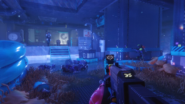 Screenshot from the game Marathon shows a player aiming a futuristic weapon in a sci-fi environment with enemies in view.