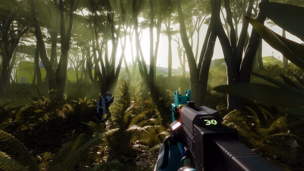 Screenshot from the game Marathon showing a player aiming a weapon at an enemy in a dense forest with sunlight filtering through trees.