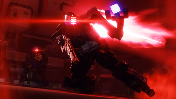 A screenshot from Marathon showing a robotic figure with glowing red eyes wielding a weapon amid intense red lighting effects.