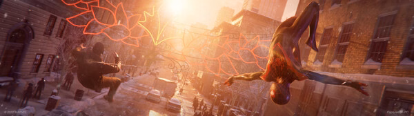 Screenshot from Marvel’s Spider-Man: Miles Morales showing Miles swinging through a snowy city with glowing red webs.