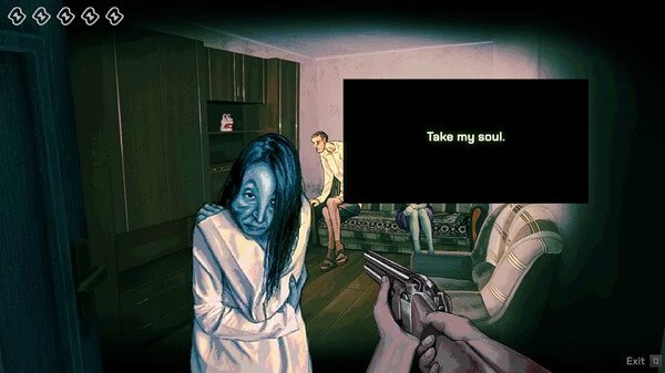 Screenshot from "No, I'm Not A Human": A character in a white robe stands in a dim room, next to a text saying, "Take my soul."