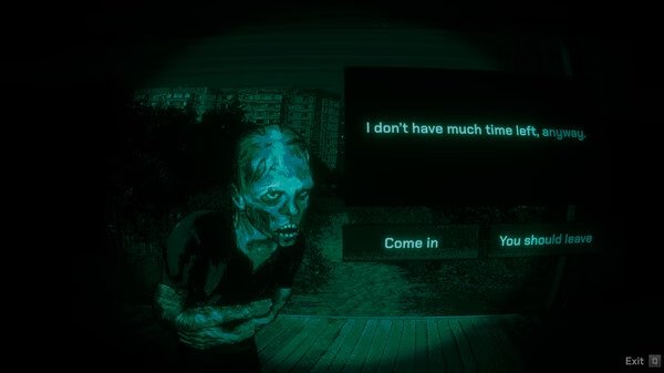 Screenshot from 'No, I'm Not A Human' showing a figure with a blurred face next to dialogue options: "Come in" and "You should leave".