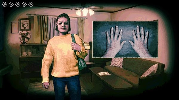 Screenshot from "No, I'm Not A Human" showing a character in a living room and a close-up of hands on a wall.