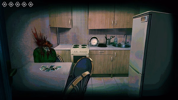 Screenshot from "No, I'm Not A Human" showing a kitchen with a zombie-like creature and cards on the table.